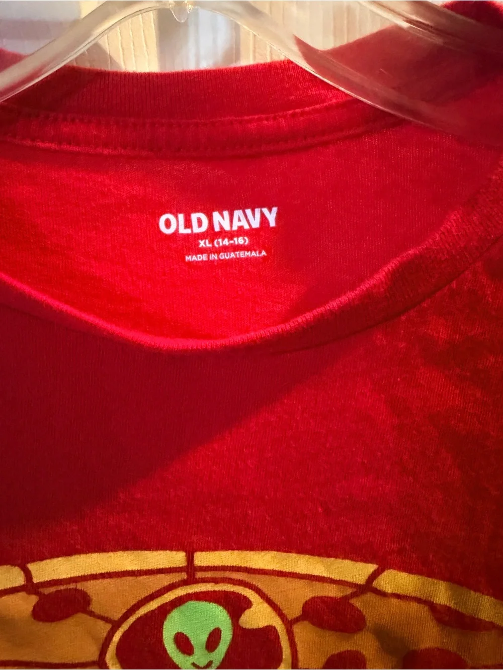 Old Navy Red Long-Sleeve Tee with Yellow & Green Pizza Graphic
